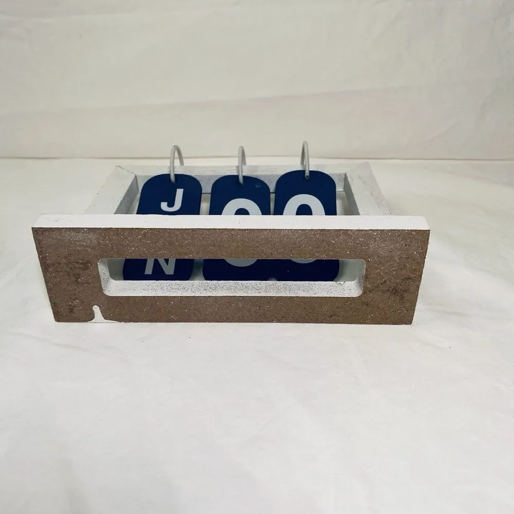 Desk Calendar/ Metal With Wooden Frame/ Navy Blue & White